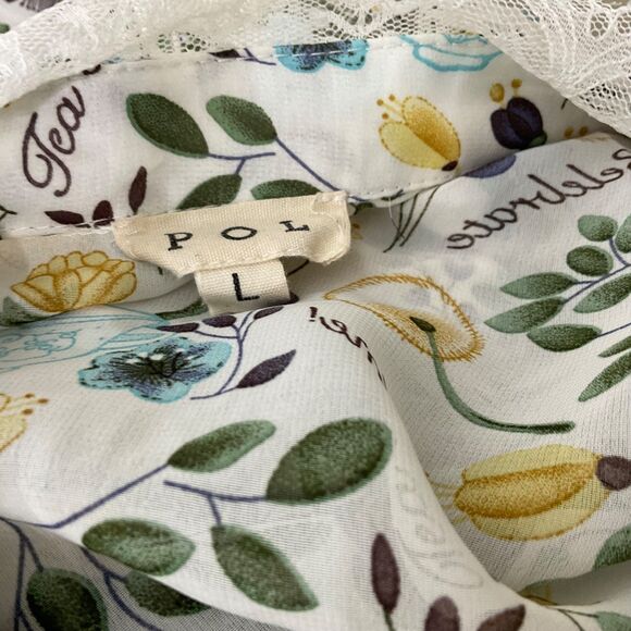 POL Lace detail button up blouse top women size L floral novelty print high neck - Picture 5 of 12